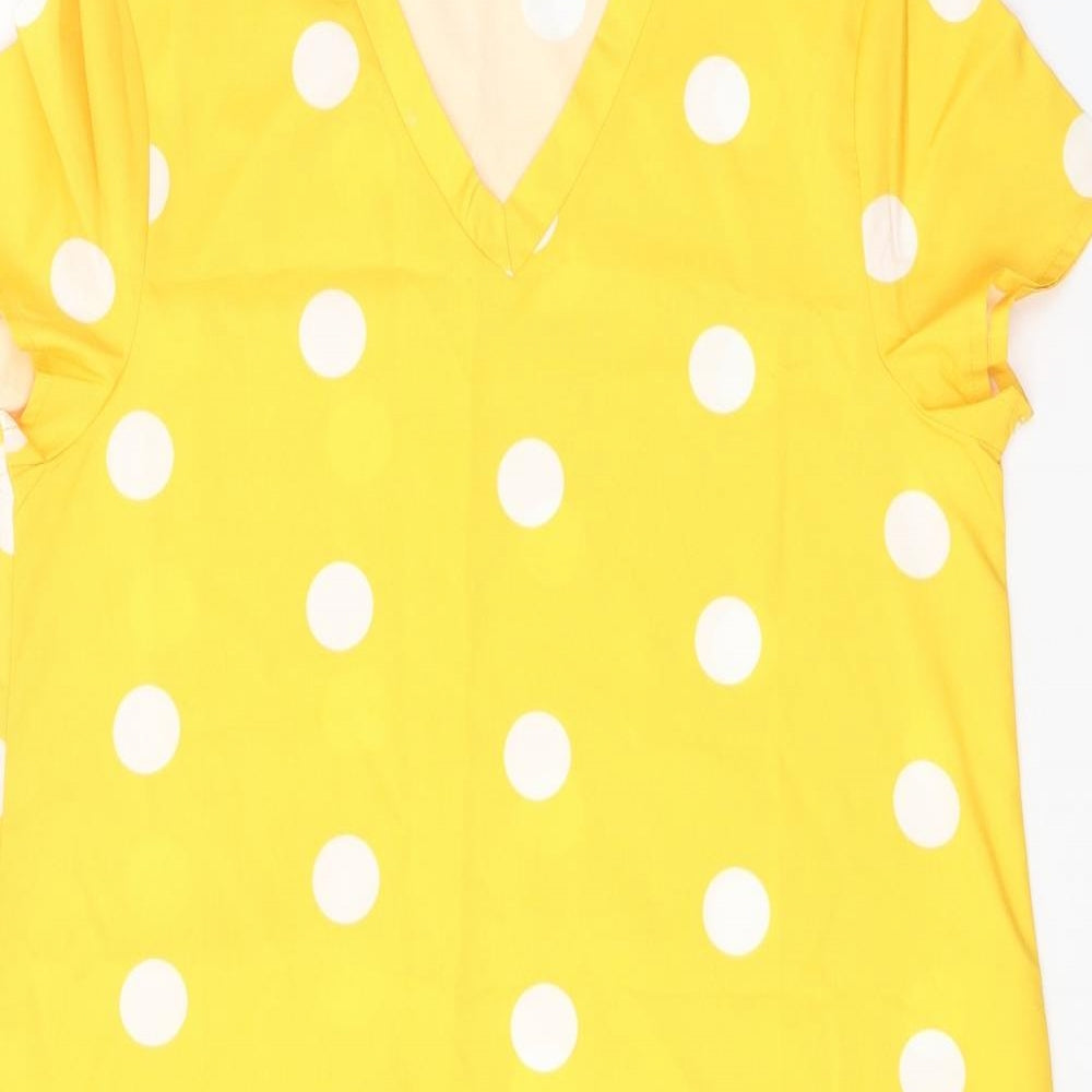 Preworn Womens Yellow Polka Dot Polyester T-Shirt Dress Size S V-Neck Pullover