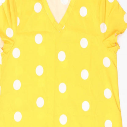 Preworn Womens Yellow Polka Dot Polyester T-Shirt Dress Size S V-Neck Pullover