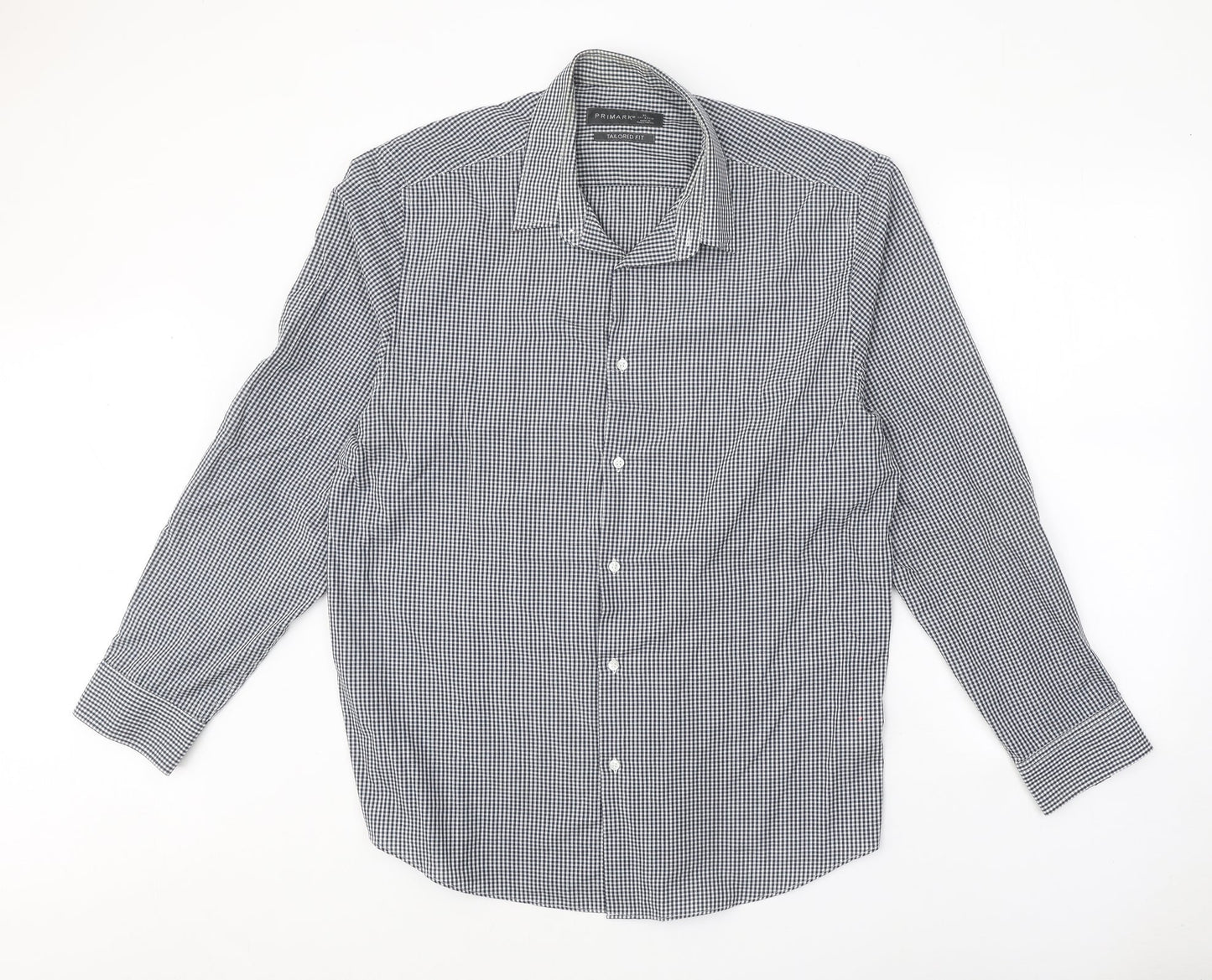 Primark Mens Blue Check Polyester Button-Up Size 17 Collared Button