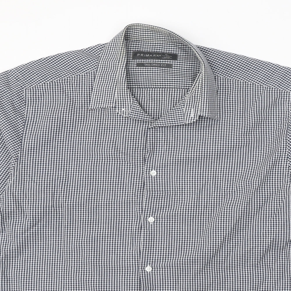 Primark Mens Blue Check Polyester Button-Up Size 17 Collared Button