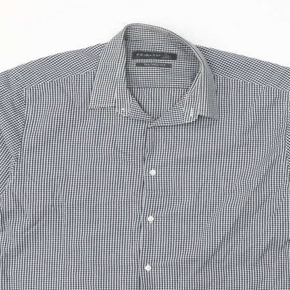 Primark Mens Blue Check Polyester Button-Up Size 17 Collared Button