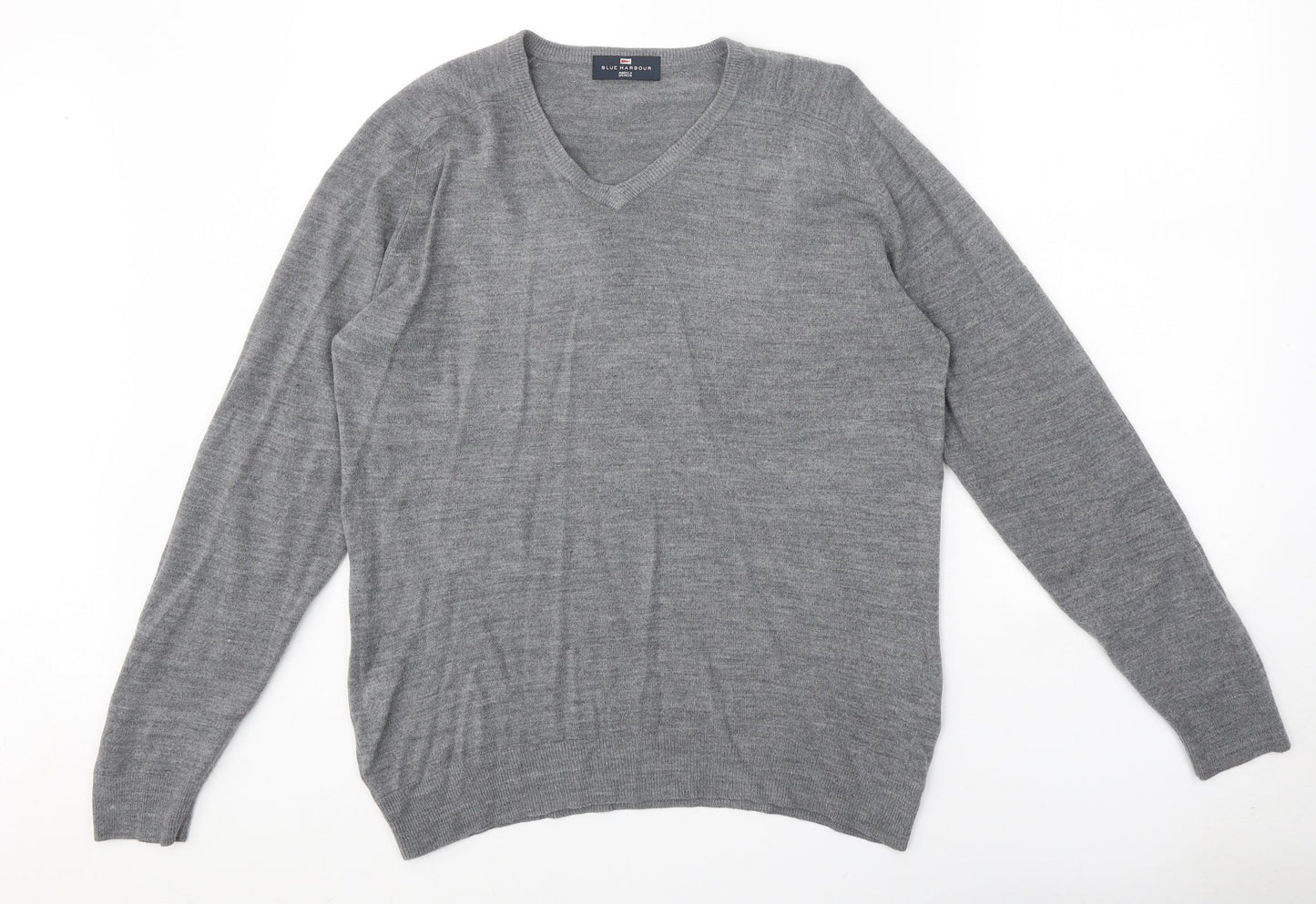 Blue Harbour Mens Grey V-Neck Acrylic Pullover Jumper Size S Long Sleeve