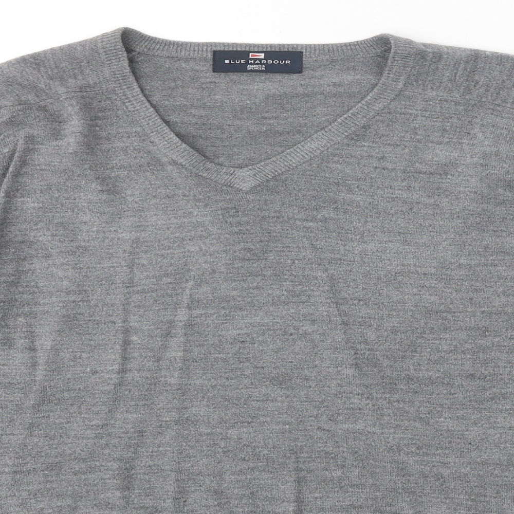 Blue Harbour Mens Grey V-Neck Acrylic Pullover Jumper Size S Long Sleeve
