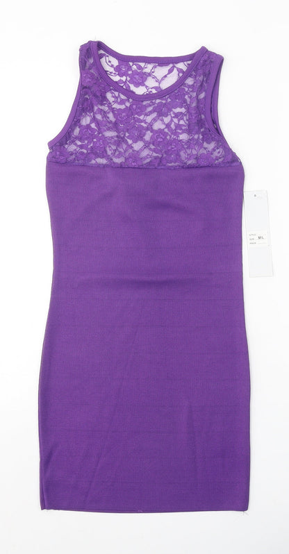 PK Clothing Womens Purple Polyester Tank Dress Size M Boat Neck Pullover - Lace Detail