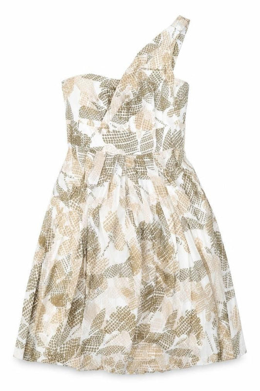 Maggy Boutique Womens White Geometric 100% Cotton Fit & Flare Size 10 One Shoulder Zip