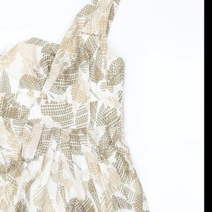 Maggy Boutique Womens White Geometric 100% Cotton Fit & Flare Size 10 One Shoulder Zip