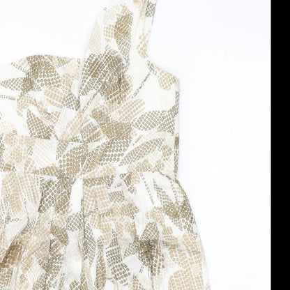Maggy Boutique Womens White Geometric 100% Cotton Fit & Flare Size 8 One Shoulder Zip