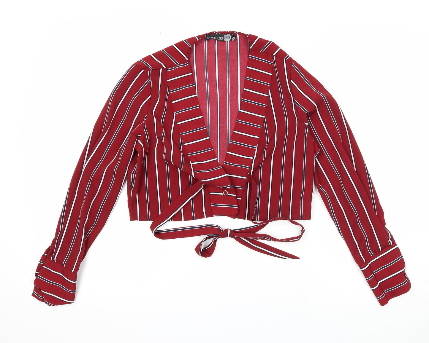 Boohoo Womens Red Striped Polyester Basic Blouse Size 10 V-Neck