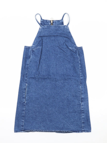 Topshop Womens Blue Cotton Pinafore/Dungaree Dress Size 6 Square Neck Zip