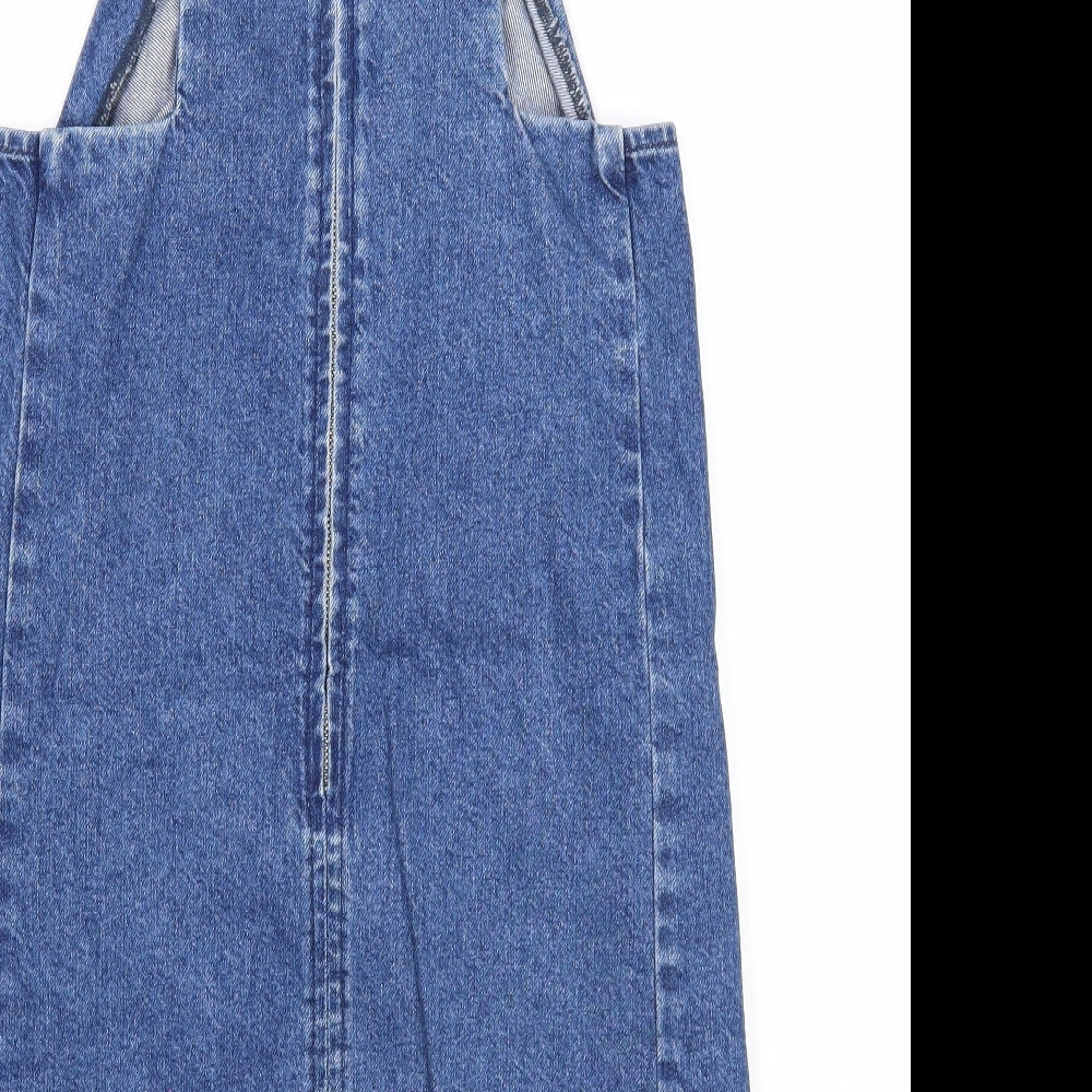 Topshop Womens Blue Cotton Pinafore/Dungaree Dress Size 6 Square Neck Zip
