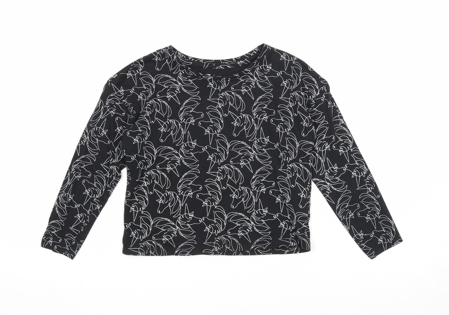 TU Girls Black Geometric Cotton Basic Blouse Size 6 Years Scoop Neck Pullover - Unicorn