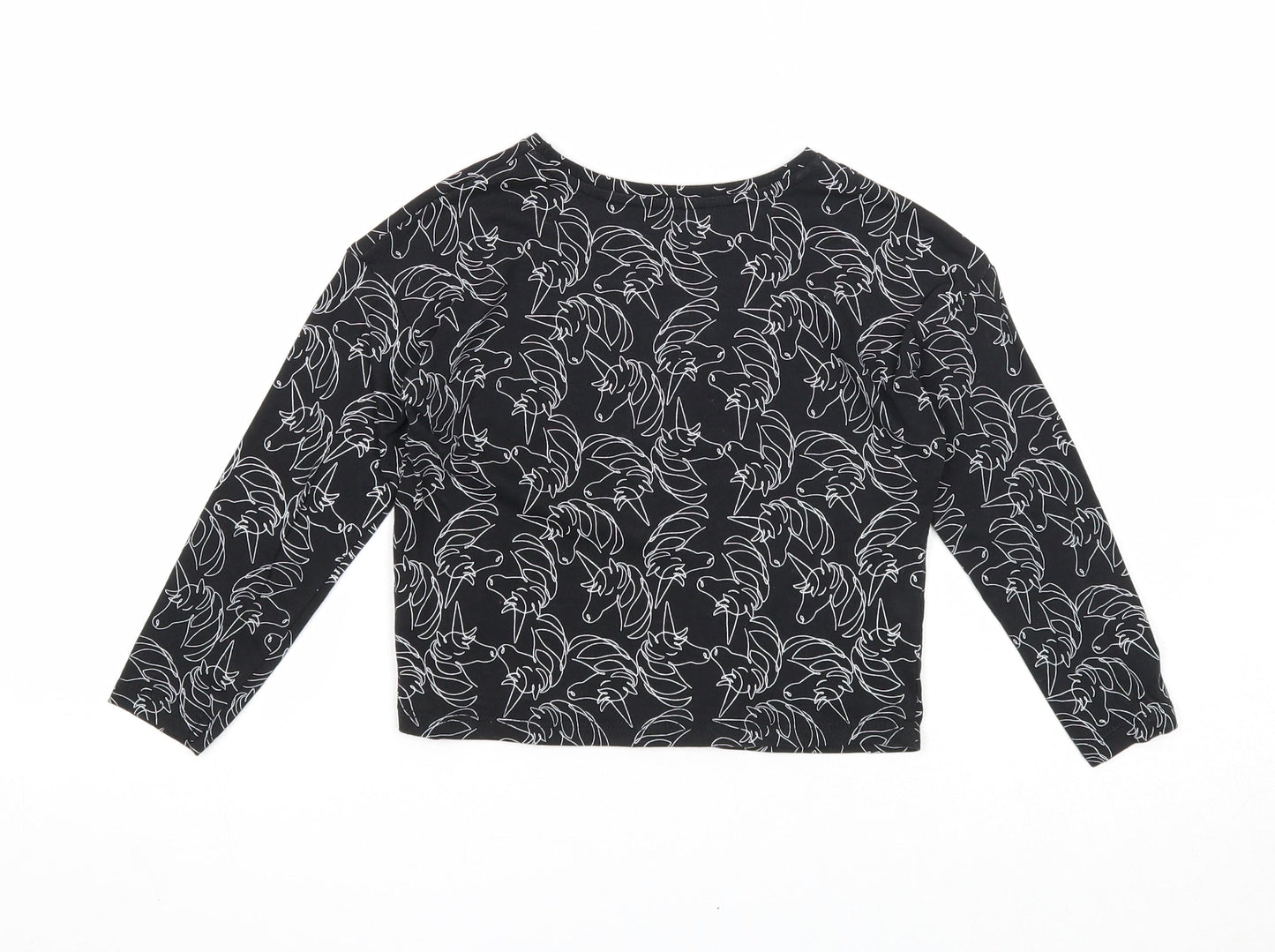 TU Girls Black Geometric Cotton Basic Blouse Size 6 Years Scoop Neck Pullover - Unicorn