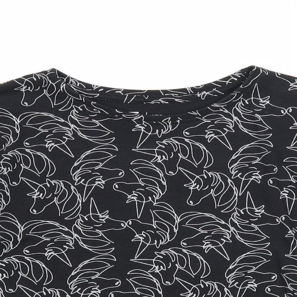 TU Girls Black Geometric Cotton Basic Blouse Size 6 Years Scoop Neck Pullover - Unicorn