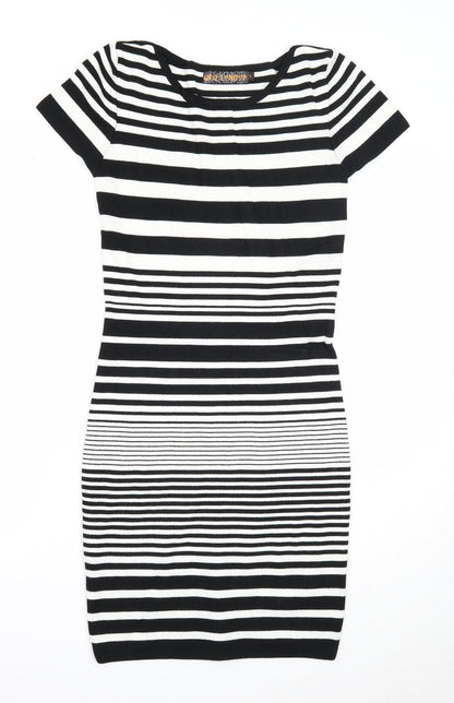 QED London Womens Black Striped Viscose A-Line Size S Round Neck Pullover