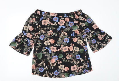 F&F Womens Black Floral Polyester Basic Blouse Size 8 Off the Shoulder