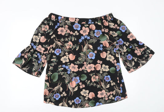 F&F Womens Black Floral Polyester Basic Blouse Size 8 Off the Shoulder