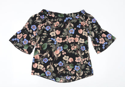 F&F Womens Black Floral Polyester Basic Blouse Size 8 Off the Shoulder
