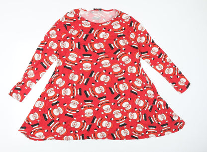Sara Womens Red Geometric Viscose Trapeze & Swing Size S Round Neck Pullover - Father Christmas Pattern