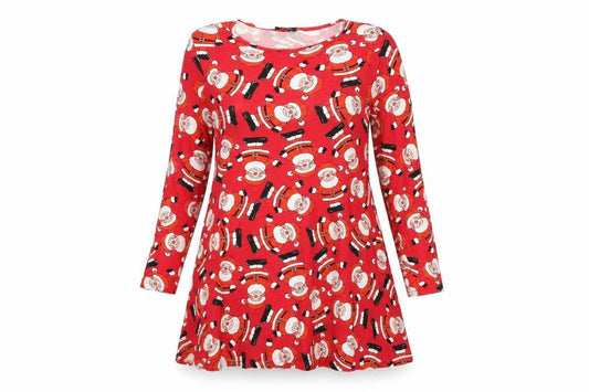 Sara Womens Red Geometric Viscose Trapeze & Swing Size S Round Neck Pullover - Father Christmas Pattern