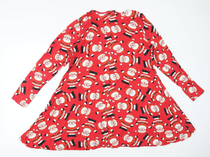 Sara Womens Red Geometric Viscose Trapeze & Swing Size S Round Neck Pullover - Father Christmas Pattern