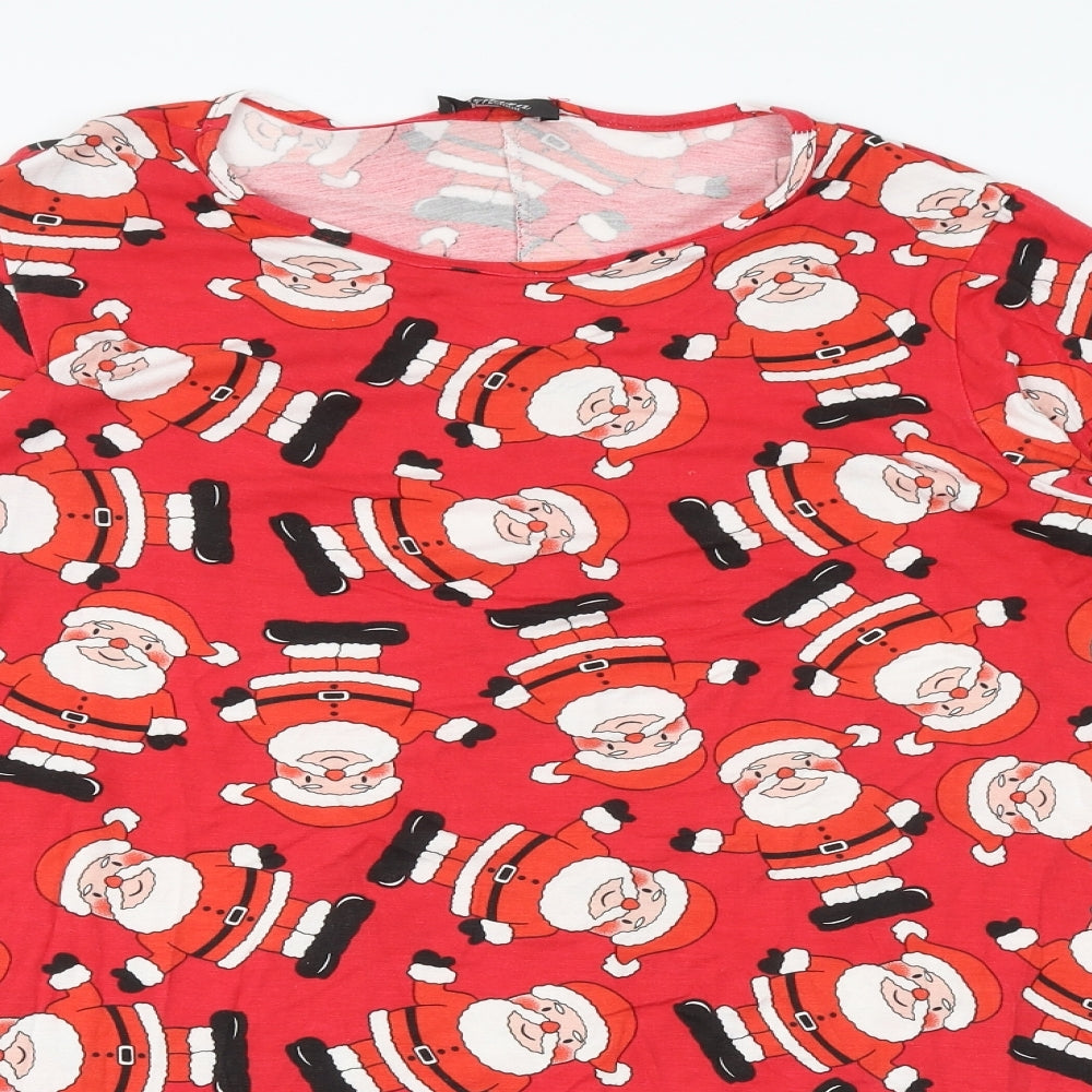 Sara Womens Red Geometric Viscose Trapeze & Swing Size S Round Neck Pullover - Father Christmas Pattern