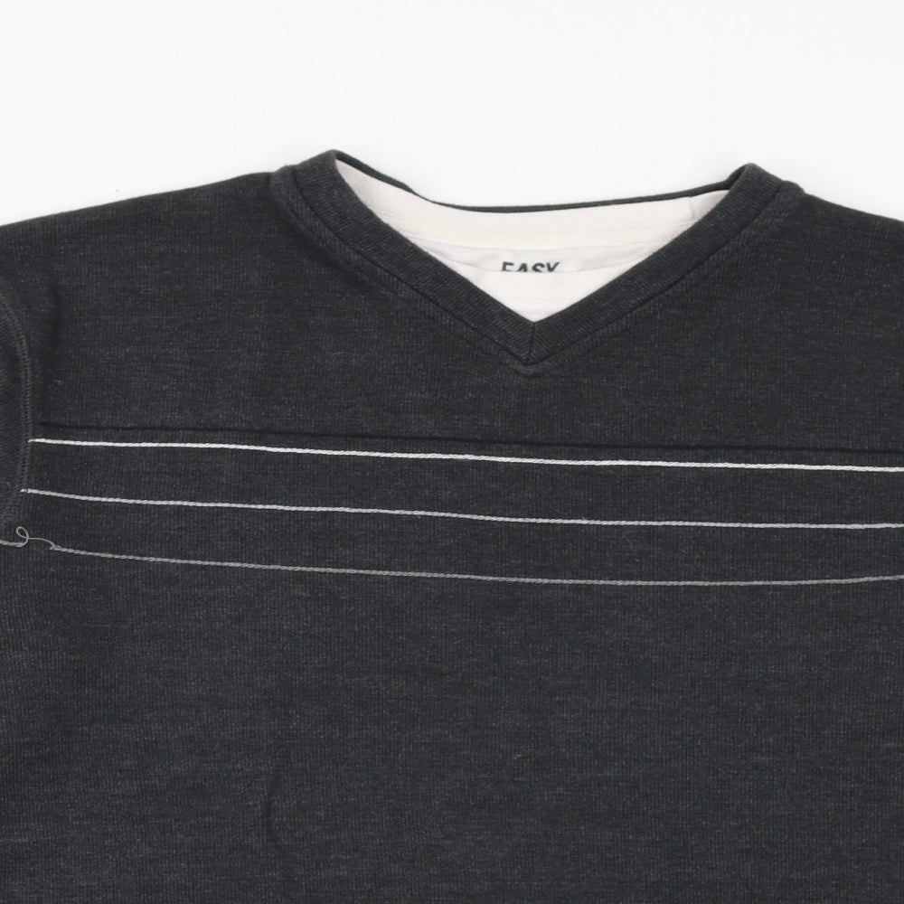 Easy Mens Grey V-Neck Cotton Pullover Jumper Size L Long Sleeve