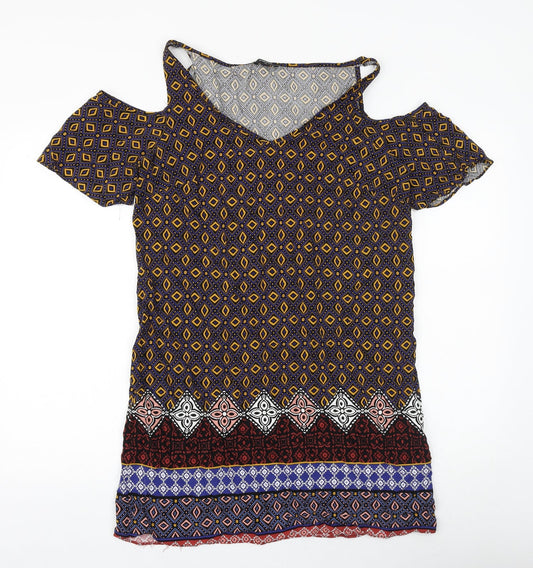 Papaya Womens Multicoloured Geometric Viscose T-Shirt Dress Size 12 V-Neck Pullover - Cold Shoulder