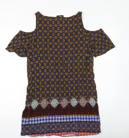 Papaya Womens Multicoloured Geometric Viscose T-Shirt Dress Size 12 V-Neck Pullover - Cold Shoulder