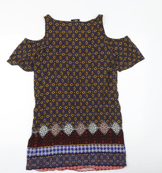 Papaya Womens Multicoloured Geometric Viscose T-Shirt Dress Size 12 V-Neck Pullover - Cold Shoulder