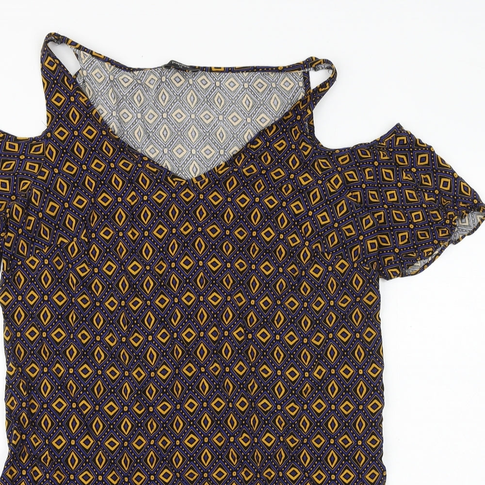 Papaya Womens Multicoloured Geometric Viscose T-Shirt Dress Size 12 V-Neck Pullover - Cold Shoulder