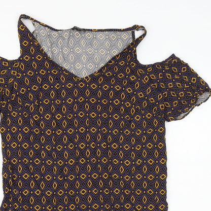 Papaya Womens Multicoloured Geometric Viscose T-Shirt Dress Size 12 V-Neck Pullover - Cold Shoulder