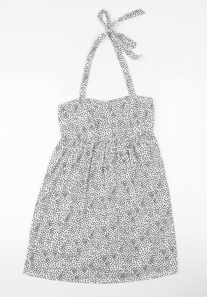 PRETTYLITTLETHING Womens White Geometric Polyester A-Line Size 12 Halter Tie - Broderie Anglaise