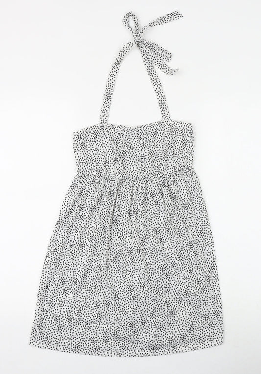 PRETTYLITTLETHING Womens White Geometric Polyester A-Line Size 12 Halter Tie - Broderie Anglaise