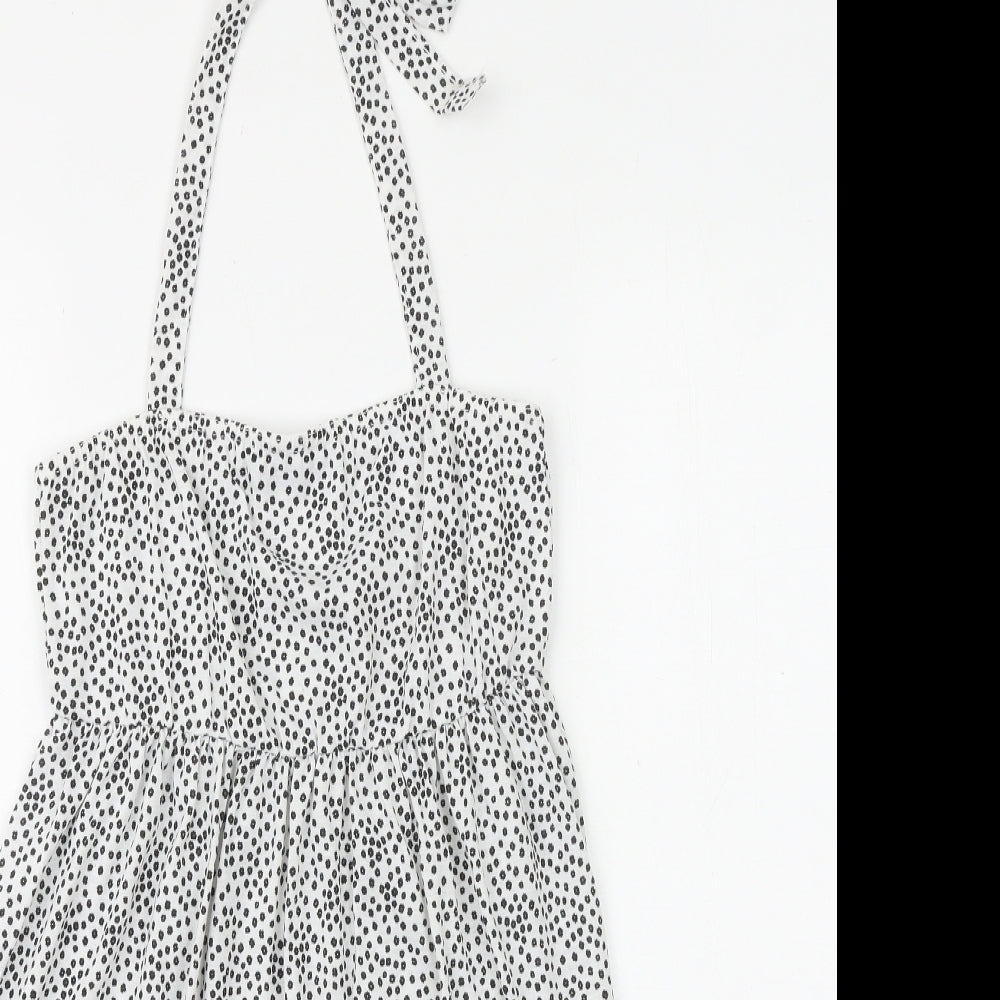 PRETTYLITTLETHING Womens White Geometric Polyester A-Line Size 12 Halter Tie - Broderie Anglaise