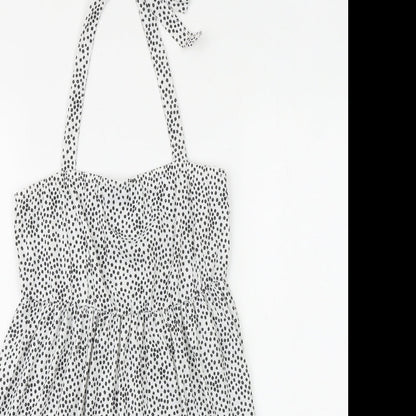 PRETTYLITTLETHING Womens White Geometric Polyester A-Line Size 12 Halter Tie - Broderie Anglaise