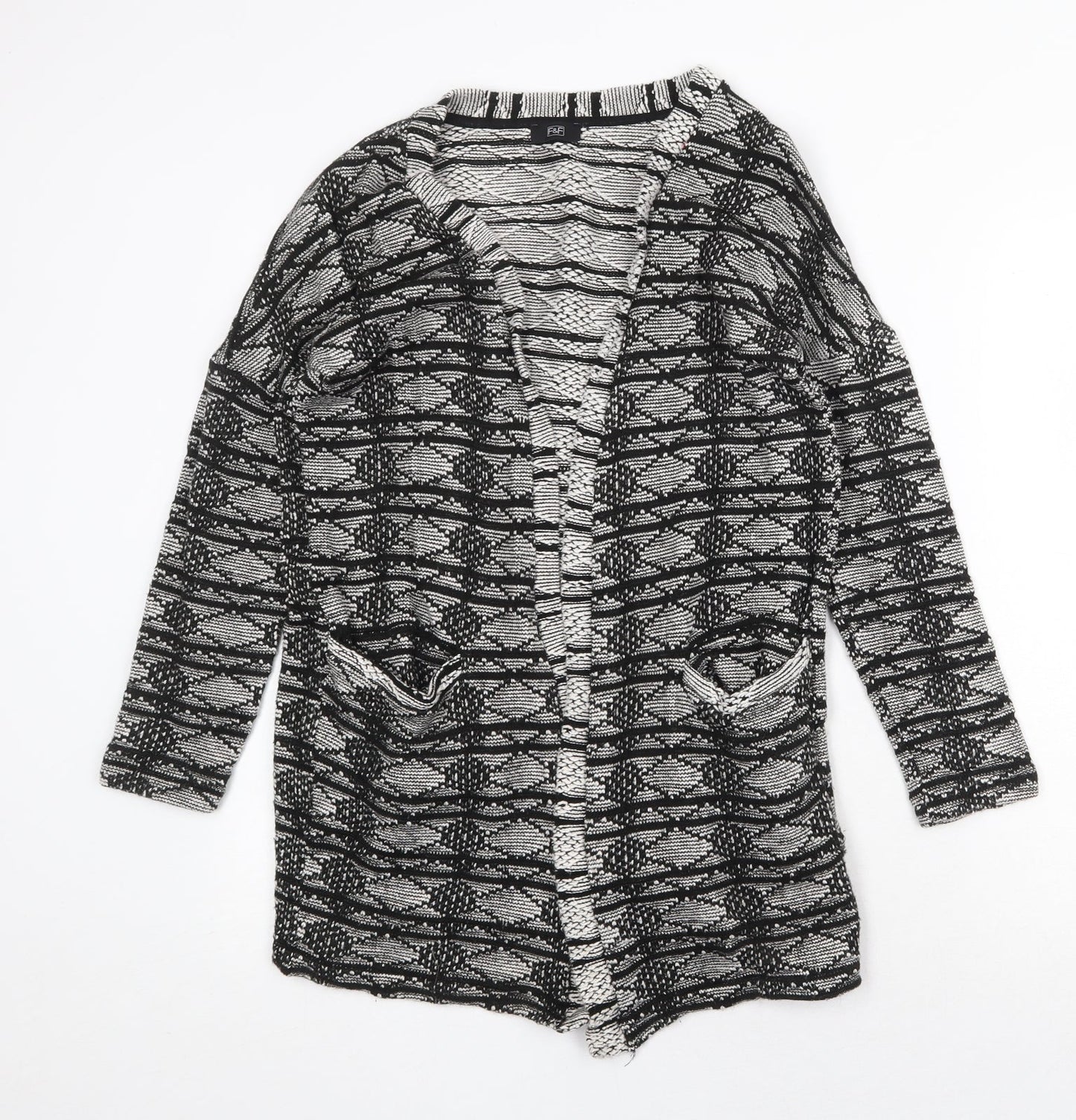 F&F Womens Black V-Neck Geometric Cotton Cardigan Jumper Size 8