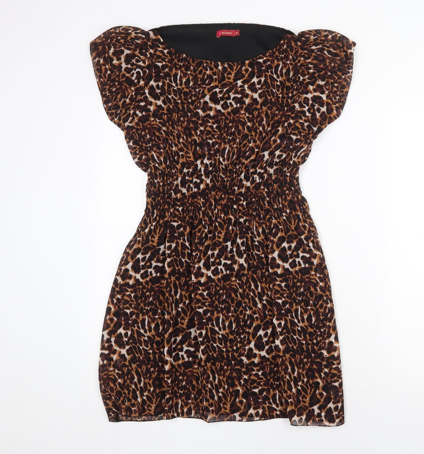 Influence Womens Brown Animal Print Polyester A-Line Size 12 Boat Neck Pullover - Leopard Print