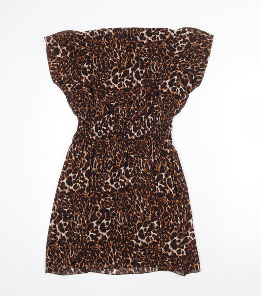 Influence Womens Brown Animal Print Polyester A-Line Size 12 Boat Neck Pullover - Leopard Print