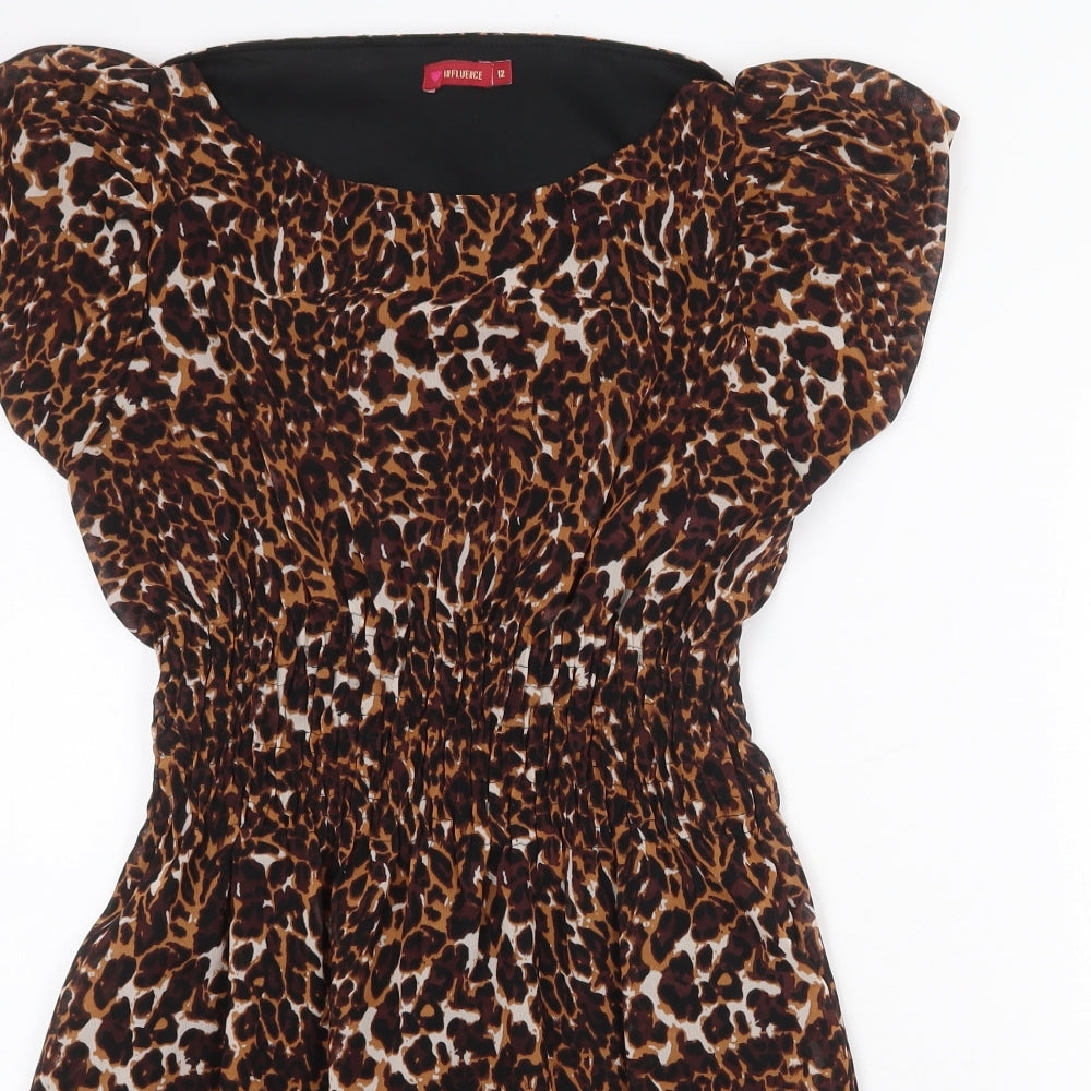 Influence Womens Brown Animal Print Polyester A-Line Size 12 Boat Neck Pullover - Leopard Print