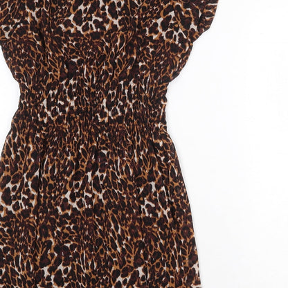 Influence Womens Brown Animal Print Polyester A-Line Size 12 Boat Neck Pullover - Leopard Print