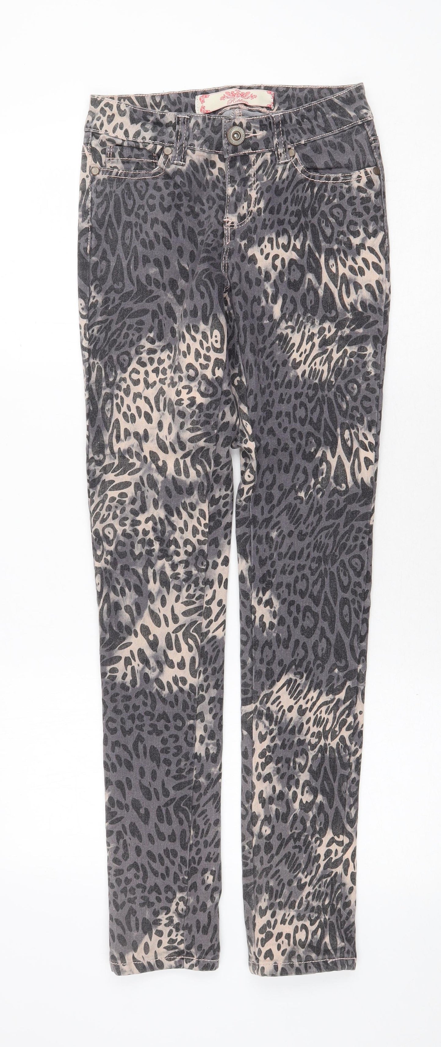 Ribbon Womens Grey Animal Print Cotton Skinny Jeans Size 8 Regular Zip - Leopard Pattern