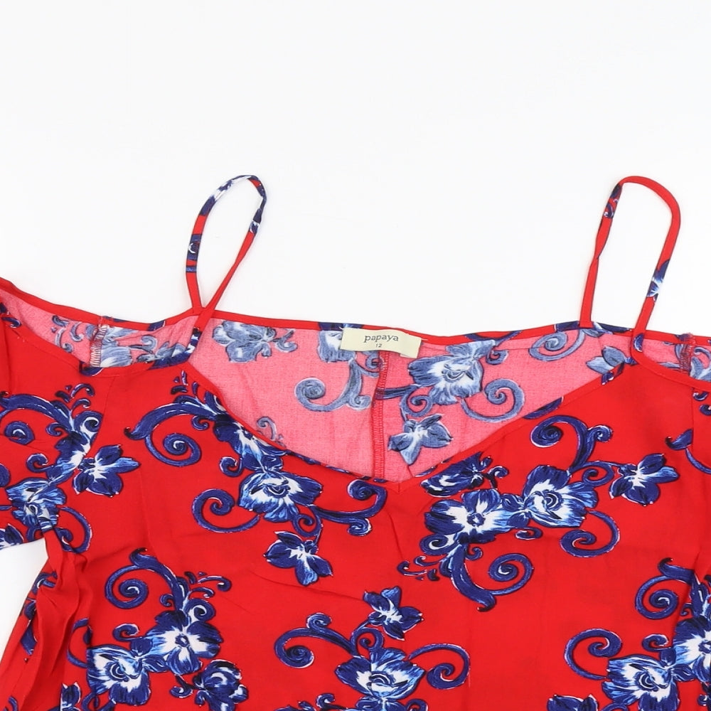 Papaya Womens Red Geometric Viscose Basic Blouse Size 12 V-Neck