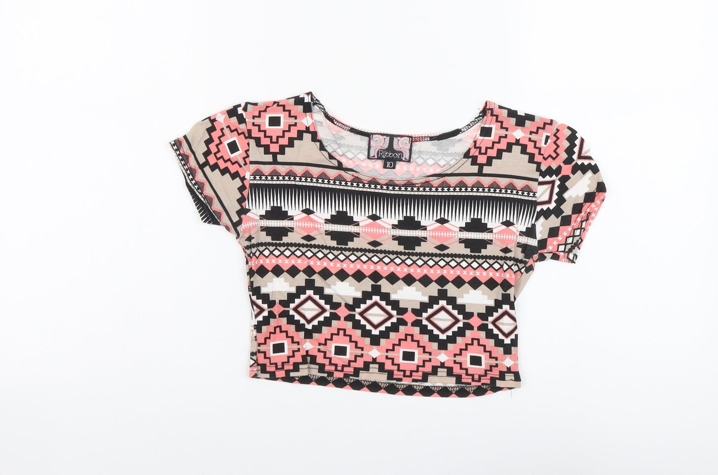 Womens UK Size 10 Ribbon Multicoloured Cropped T-Shirt
