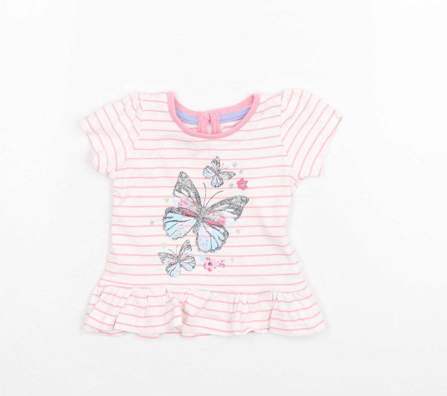 Primark Girls Pink Striped 100% Cotton A-Line Size 3-6 Months Round Neck Button - Butterfly
