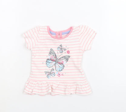 Primark Girls Pink Striped 100% Cotton A-Line Size 3-6 Months Round Neck Button - Butterfly