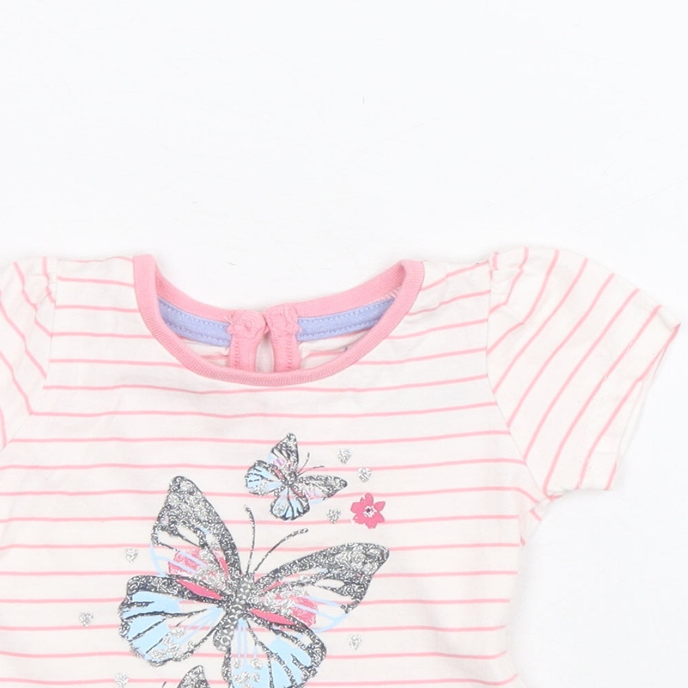 Primark Girls Pink Striped 100% Cotton A-Line Size 3-6 Months Round Neck Button - Butterfly