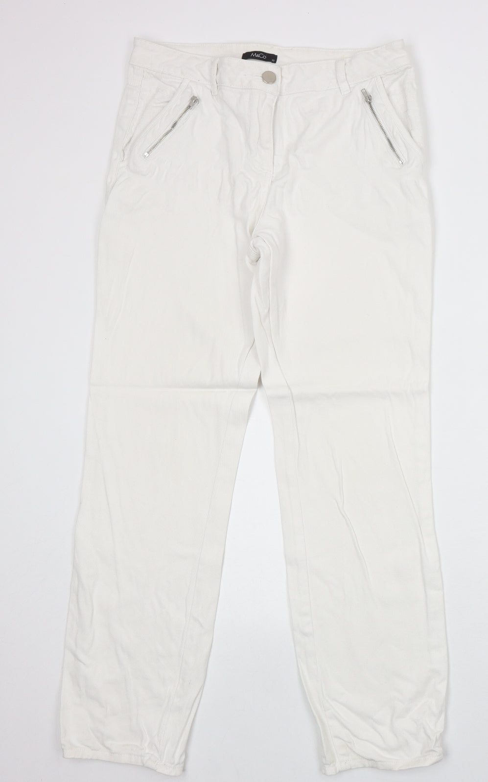 M&Co Womens White Cotton Straight Jeans Size 10 Regular Zip