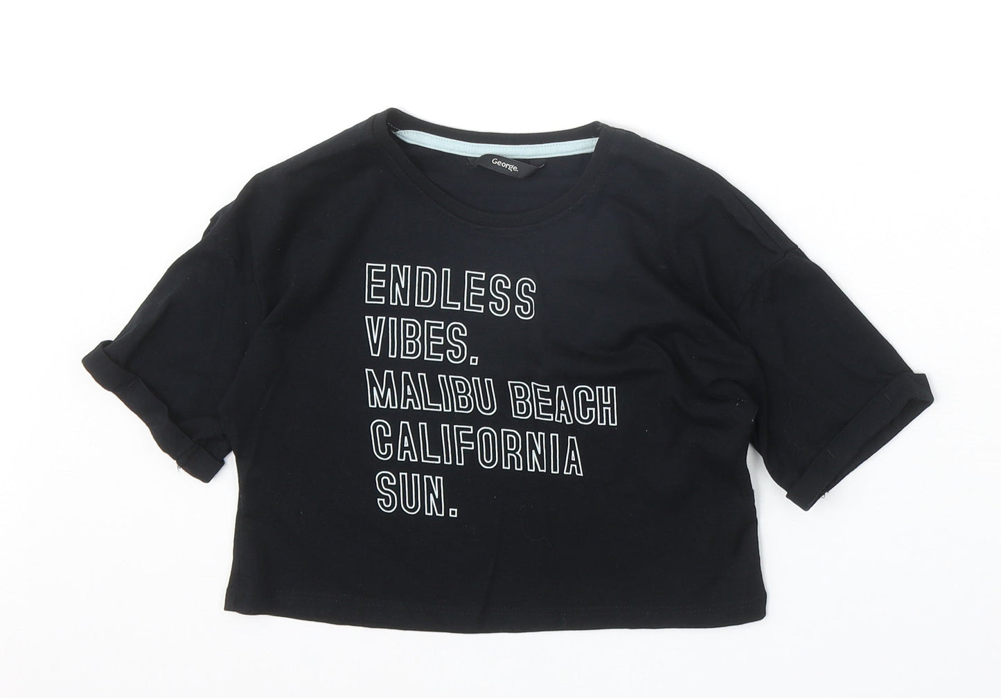 George Girls Black Cotton Basic T-Shirt Size 6-7 Years Round Neck Pullover - Malibu Beach Endless Vibes