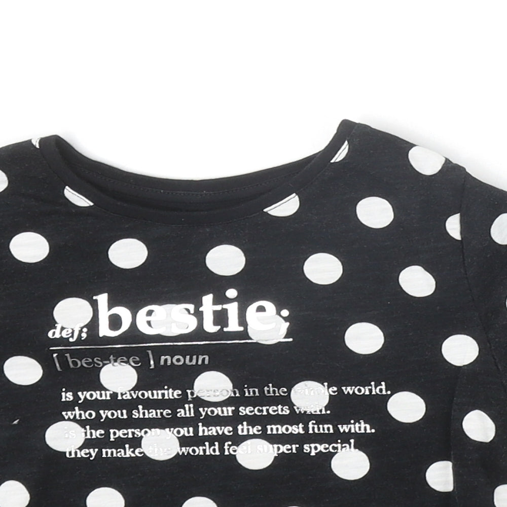 F&F Girls Black Polka Dot 100% Cotton Basic T-Shirt Size 6-7 Years Round Neck Pullover - Bestie Slogan