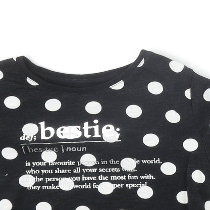 F&F Girls Black Polka Dot 100% Cotton Basic T-Shirt Size 6-7 Years Round Neck Pullover - Bestie Slogan